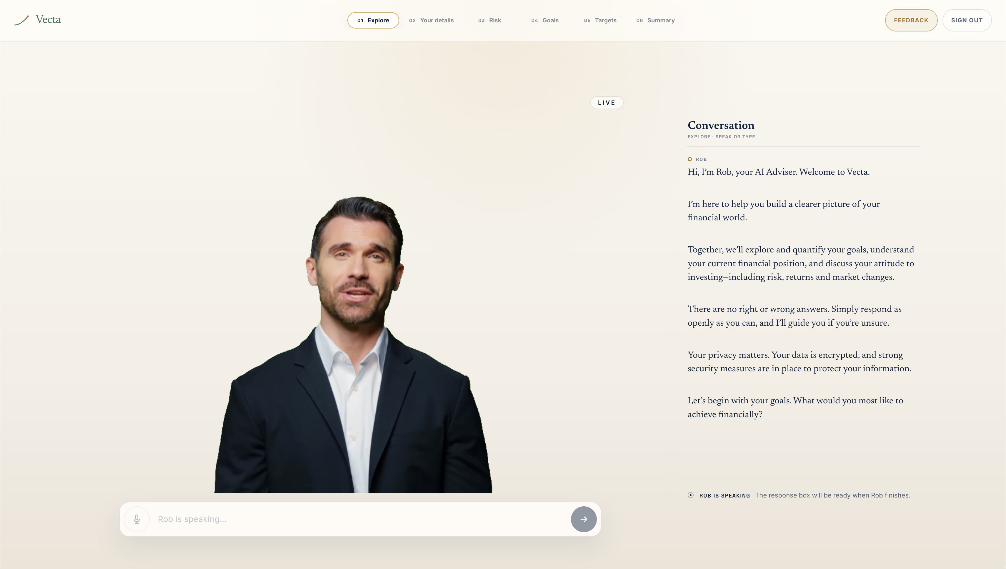 The Vecta digital adviser mid-conversation with a member
